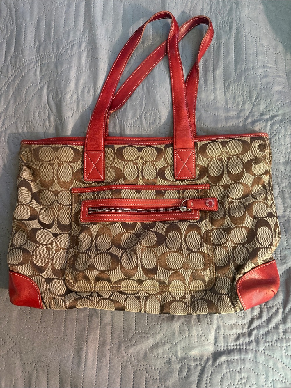 Coach Brown Signature Canvas Tote with Red Leather Trim